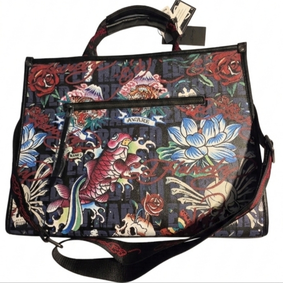 Ed Hardy Straw/Woven Tote Bag Rhinestones  Crossbody Strap Love Kills Slowly - Picture 8 of 14